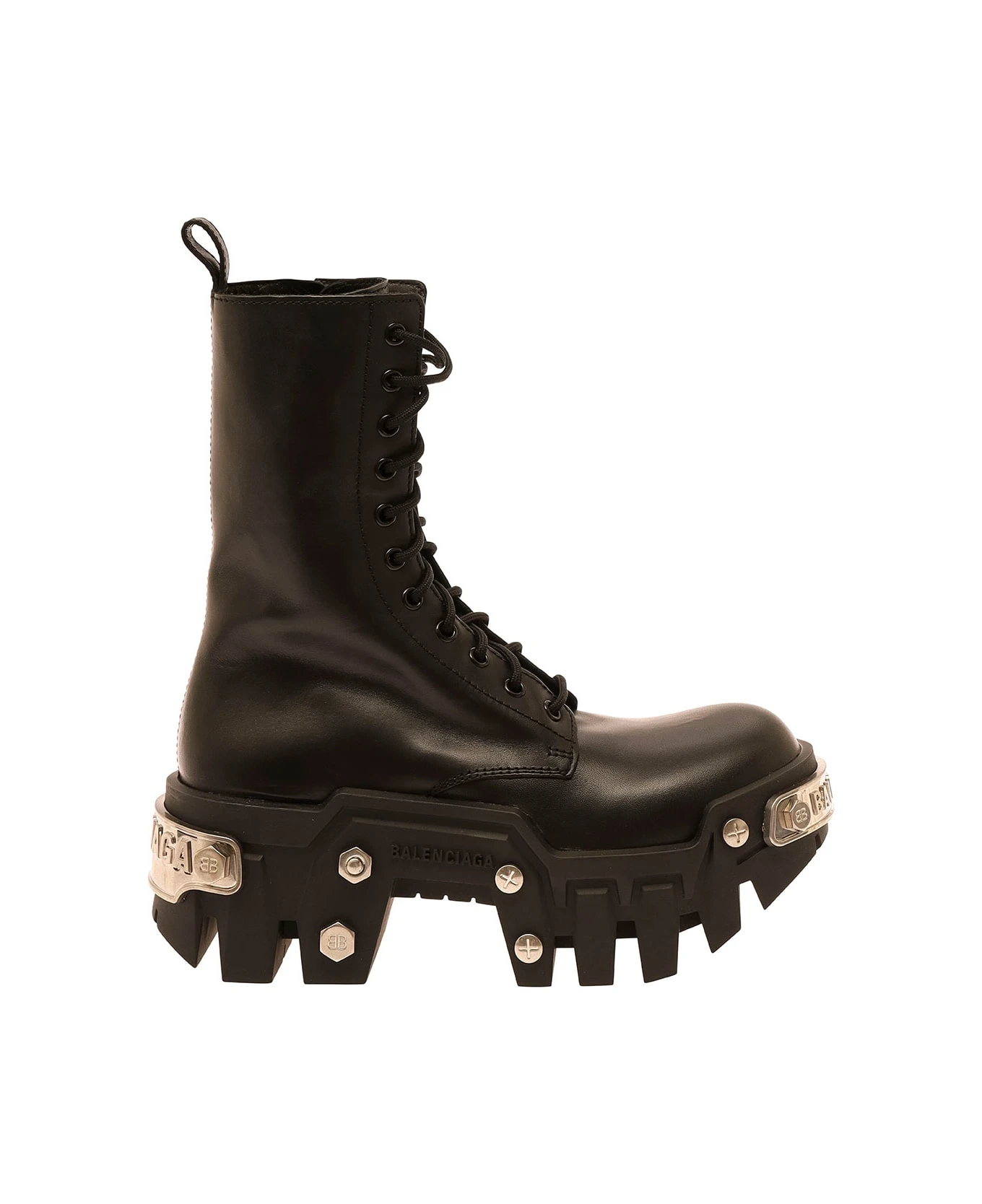 Balenciaga 'bulldozer' Black Lace-up Boots With Logo And Studs In Leather Woman