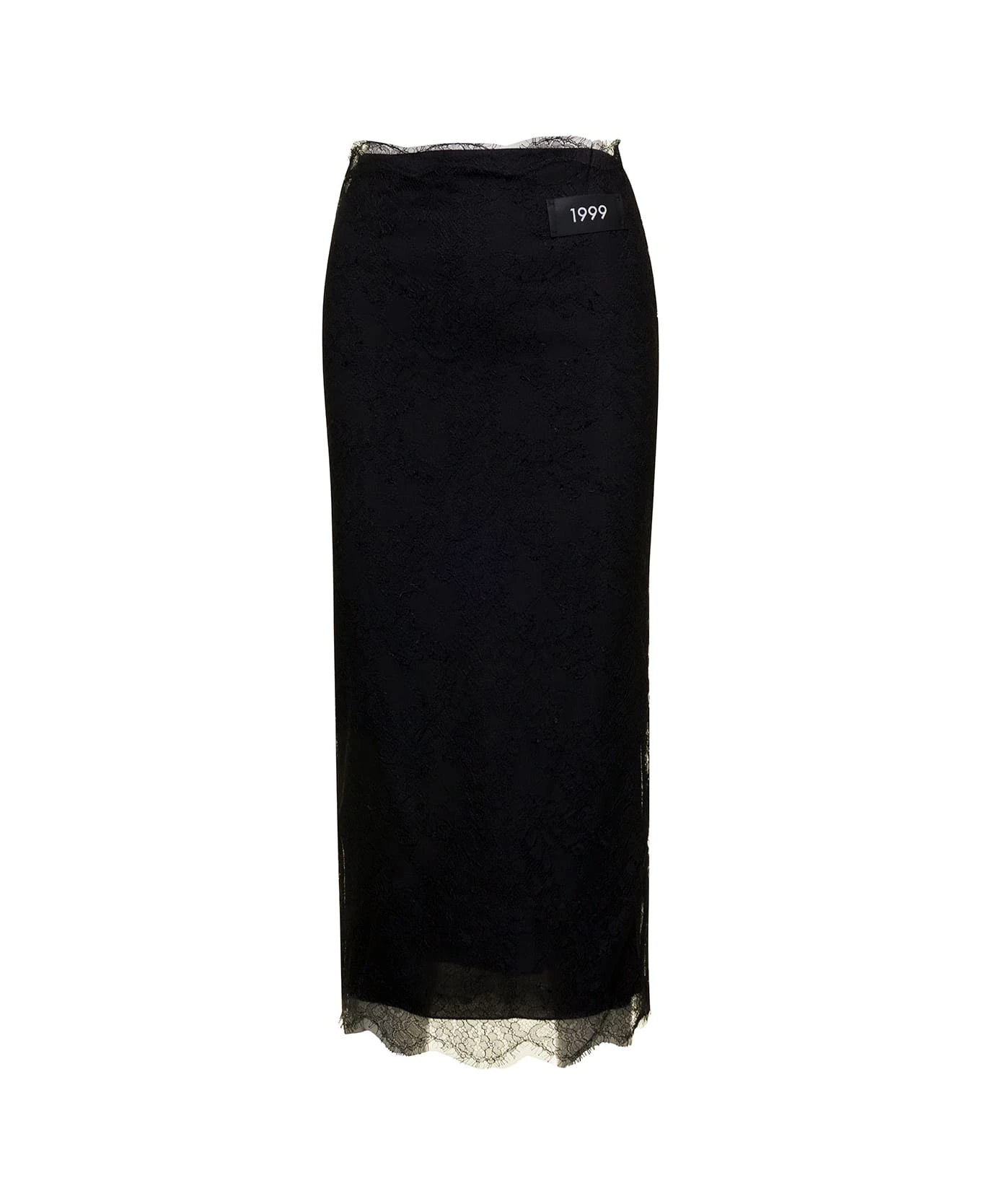 Dolce & Gabbana Midi Black Skirt With Re-edition Patch In Chantilly Lace Woman