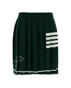 Green Pleated Mini-skirt With Dachshund Print And 4 Bar Detail In Wool Woman