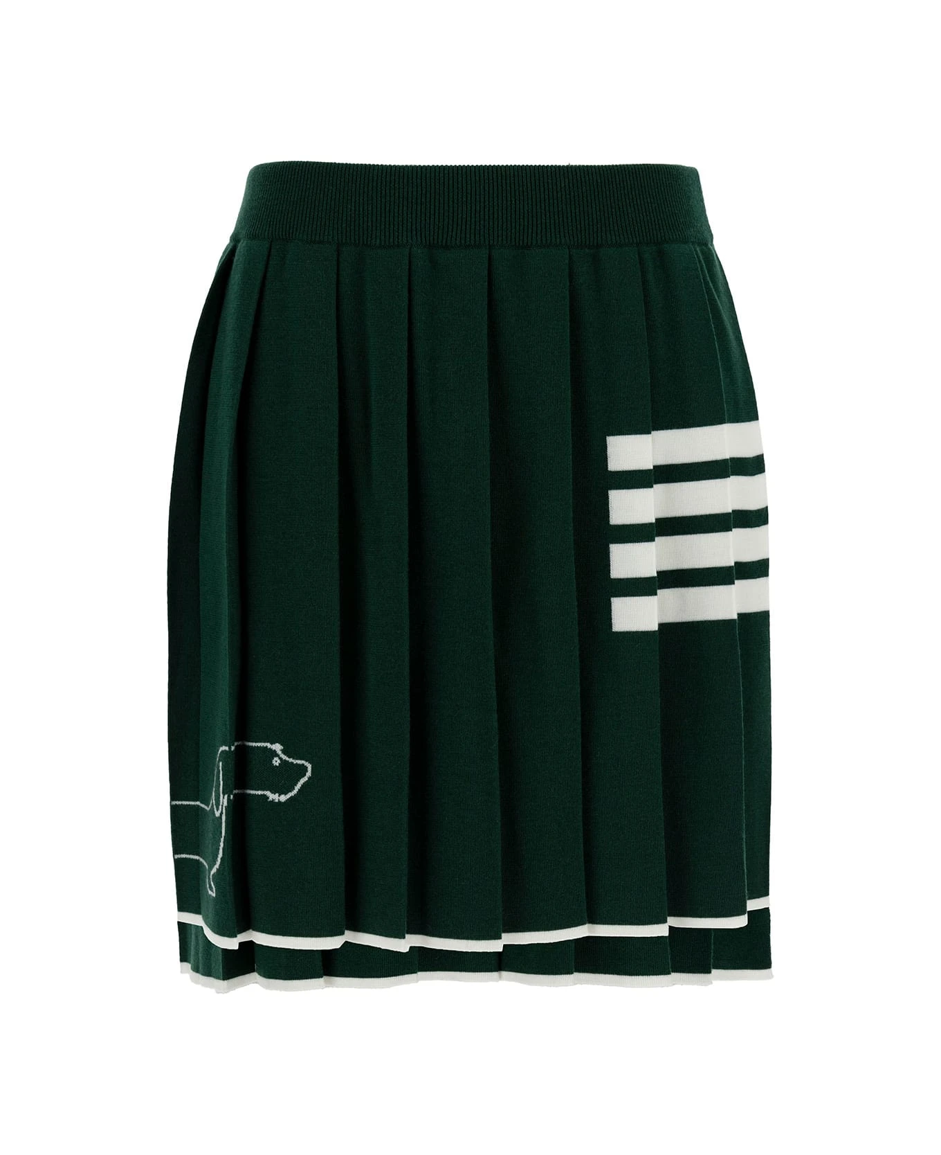Green Pleated Mini-skirt With Dachshund Print And 4 Bar Detail In Wool Woman