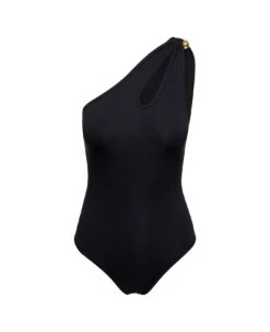 Bottega Veneta Black Mono-shoulder Swimsuit With Golden Detail In Polyamide Woman