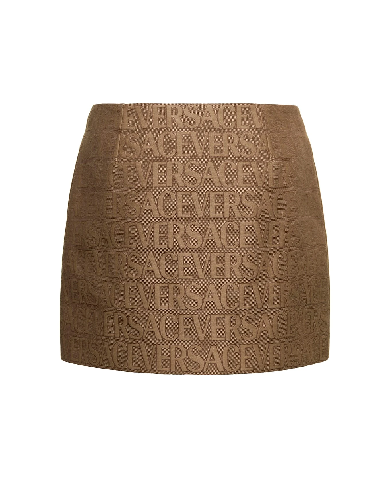Versace Brown Mini -skirt With All-over Logo Lettering Print In Canvas Woman - Image 2