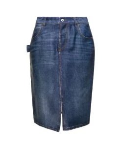 Bottega Veneta Midi Blue Skirt With Logo Ptahc In Denim Printed Silk And Viscose Woman