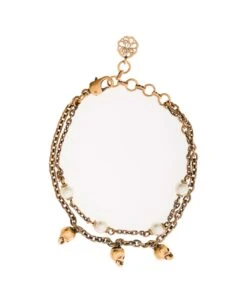 Alexander McQueen Antique Gold-finished Double-chain Bracelet With Skull And Pearl-like Charm In Brass Woman
