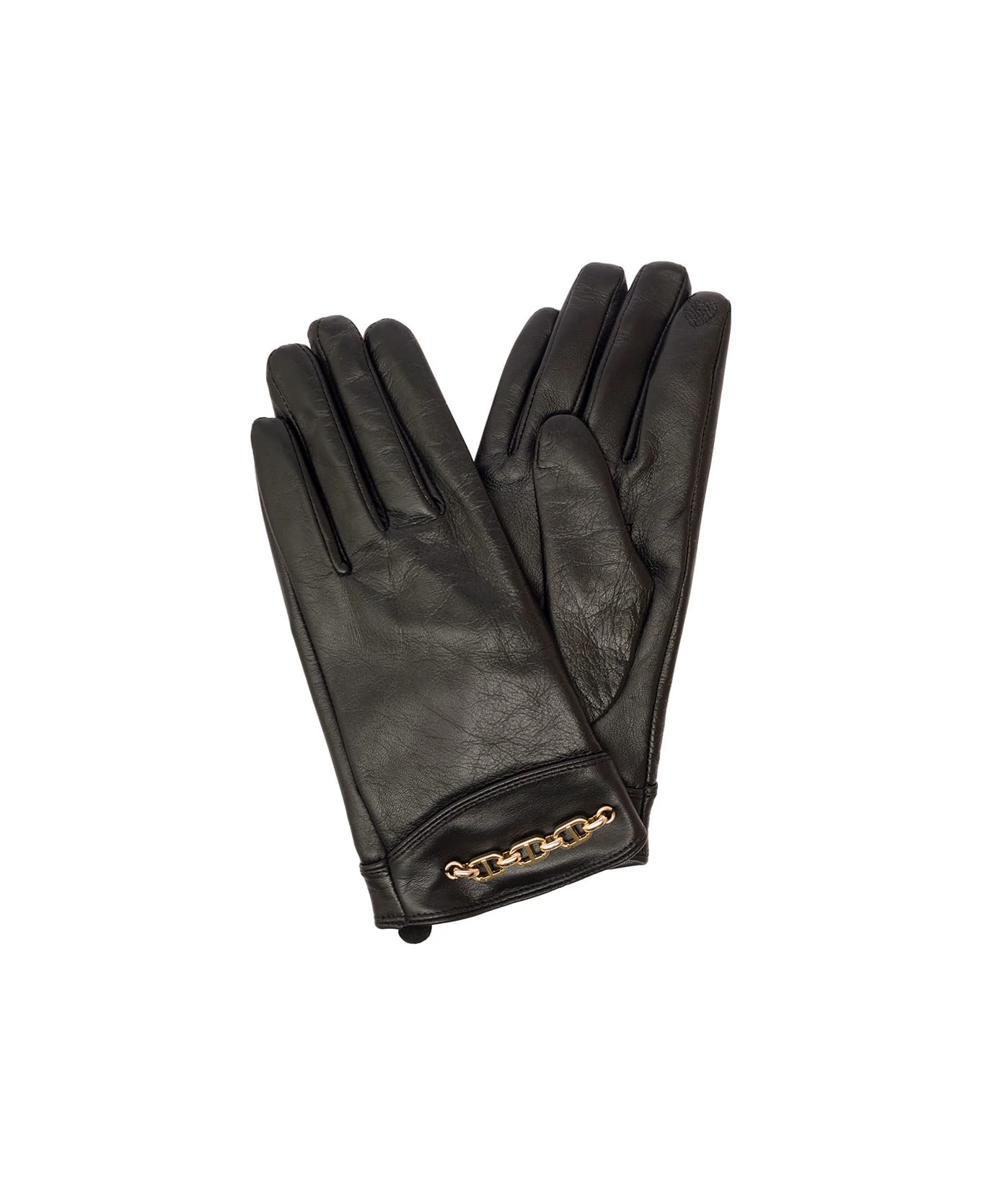 TWINSET Black Gloves With Oval T Chain Detail In Smooth Leather Woman - Image 3