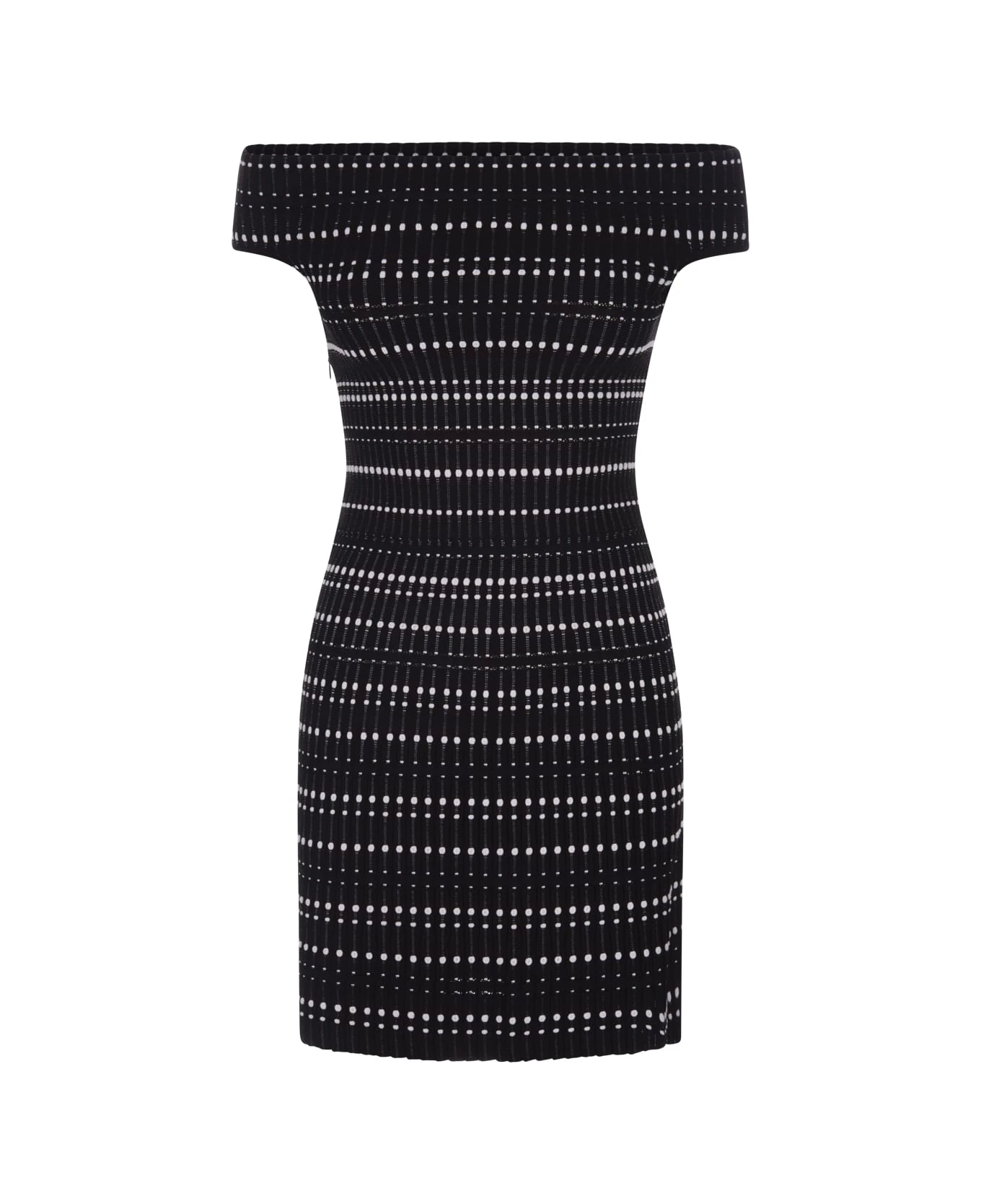 Alexander McQueen Black And White Knitted Sheath Dress With Off Shoulder