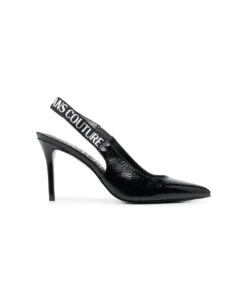 Versace Jeans Couture Couture Pointed Toe Slingback Pumps With Logo In Black Polyurethane Woman