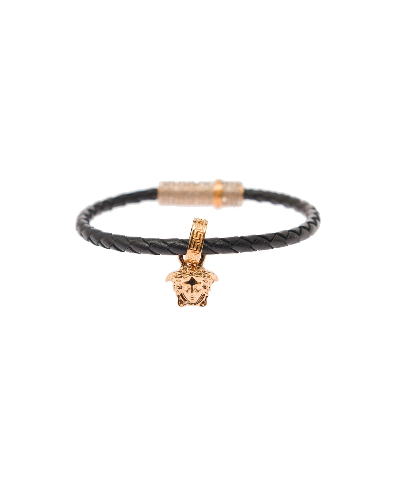 Versace Gold-tone Medusa Pendant Bracelet In Black Leather Woman