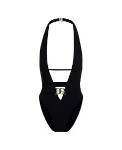 Black One-piece Swimsuit With Plunging V Neck With Belt In Lycra Woman Dolce & Gabbana