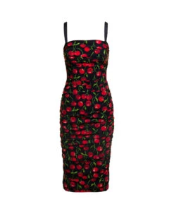 Dolce & Gabbana Black Midi Dress With All-over 'cherise' Print In Stretch Fabric Woman