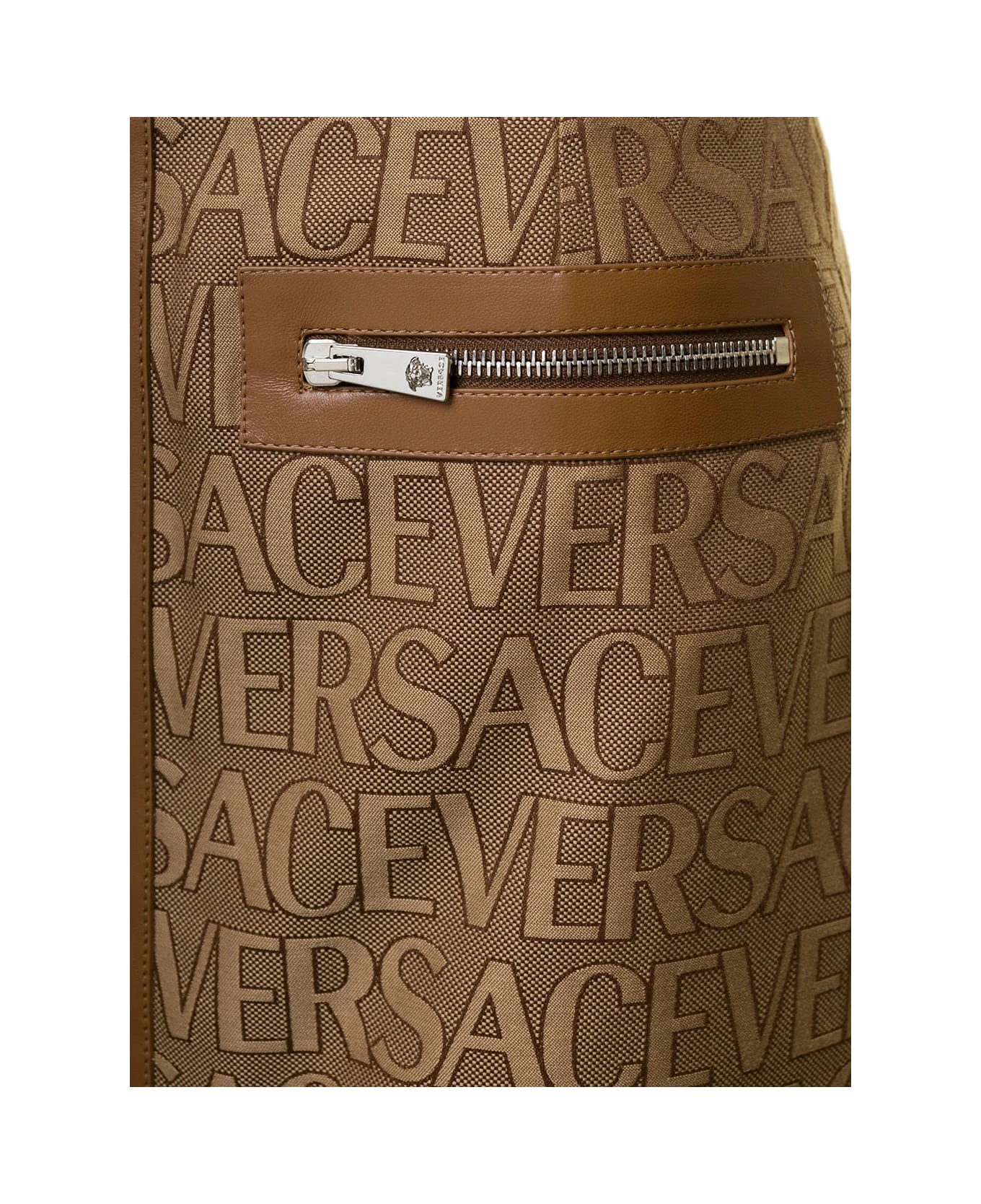 Versace Brown Mini -skirt With All-over Logo Lettering Print In Canvas Woman - Image 3