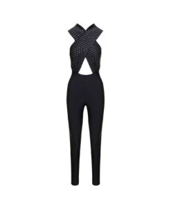 Black Halterneck Jumpsuit With Crystals In Polyamide Woman