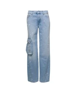 Off-White Light Blue Jeans With Cargo Pocket And Paint Stains In Cotton Denim Woman