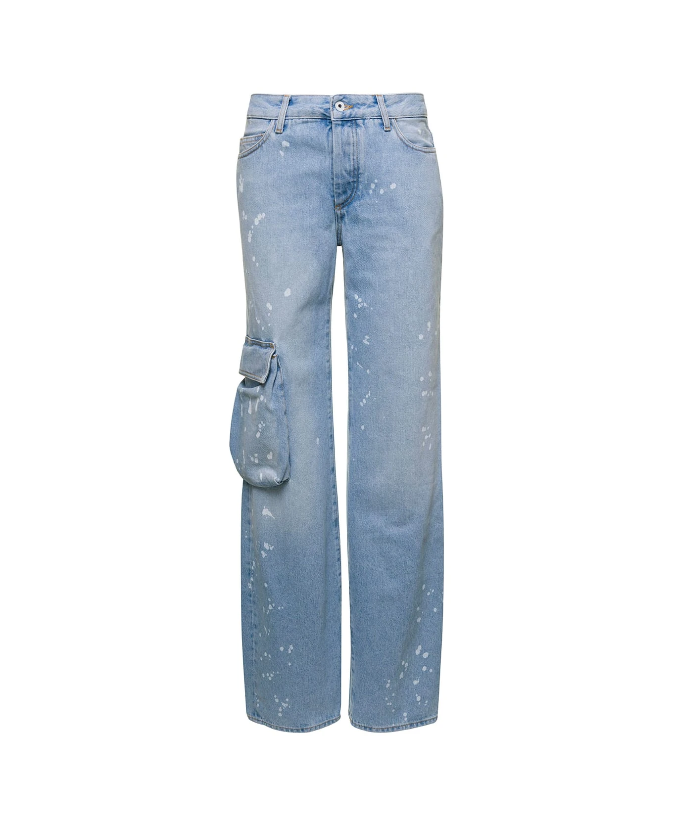 Off-White Light Blue Jeans With Cargo Pocket And Paint Stains In Cotton Denim Woman