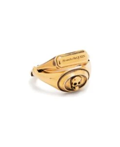 Alexander McQueen Gold-colored Double Ring With Skull Detail And Embossed Logo Lettering In Brass Woman