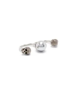 Alexander McQueen Antiqued Silver Double Pearl Skull Ring
