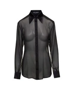 Dolce & Gabbana Black Sheer Shirt With Pointed Collar In Stretch Silk Woman