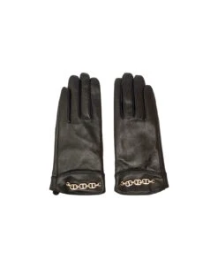 TWINSET Black Gloves With Oval T Chain Detail In Smooth Leather Woman