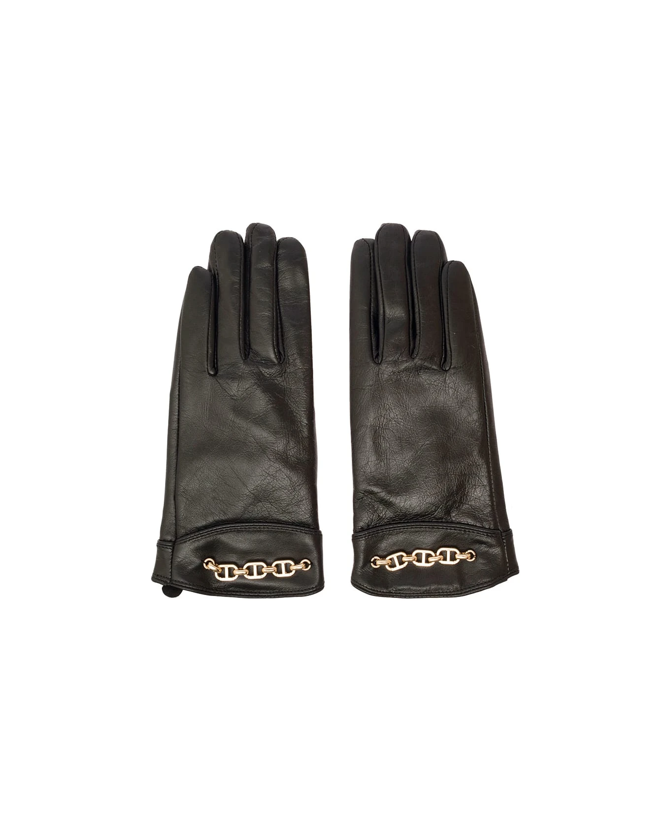 TWINSET Black Gloves With Oval T Chain Detail In Smooth Leather Woman