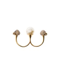 Alexander McQueen Gold-tone Double Ring With Crystal Embellished Skulls And Pearl In Brass
