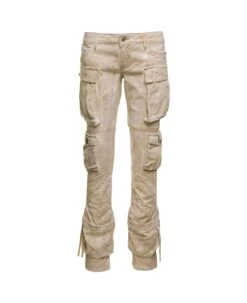 'essie' Beige Low Waisted Jeans With Cargo Pockets And Logo Embroidery In Cotton Denim Woman