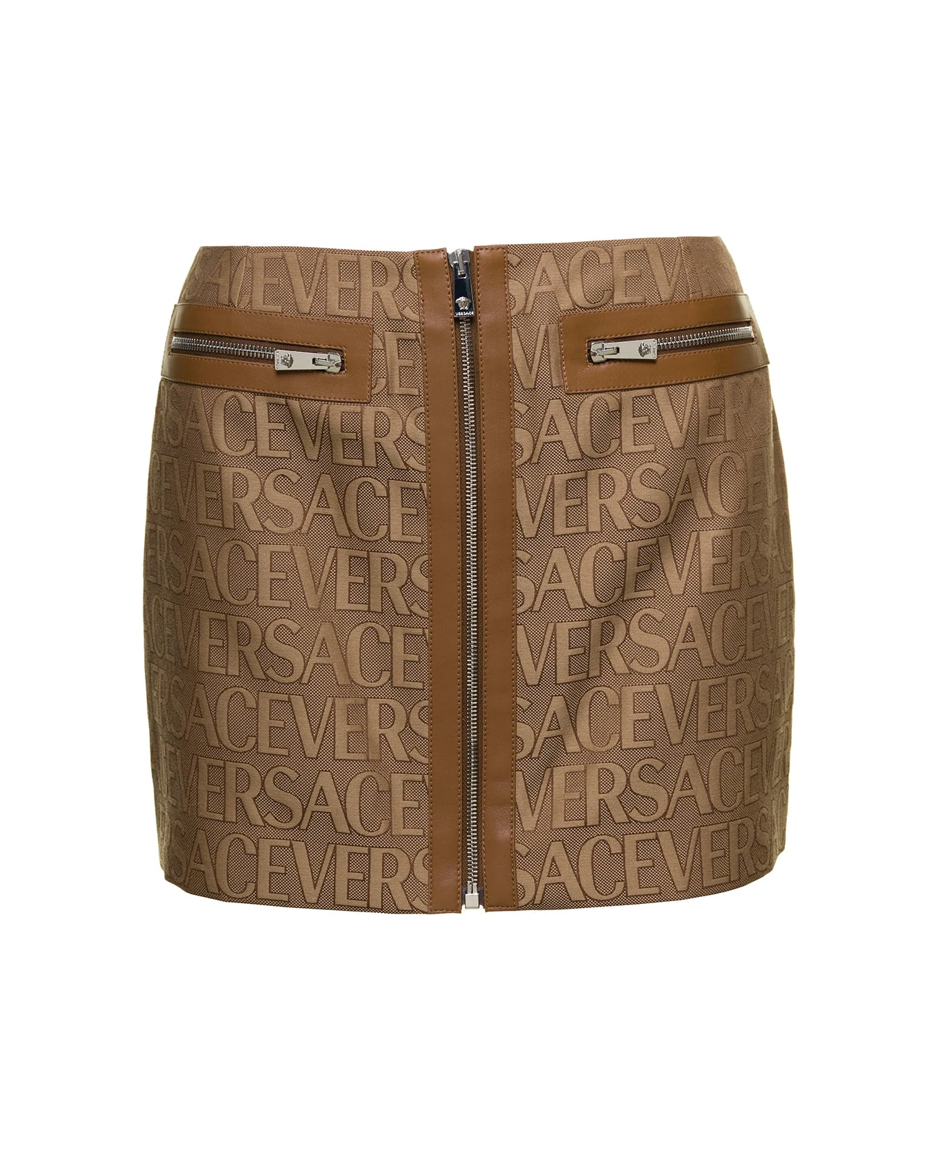 Versace Brown Mini -skirt With All-over Logo Lettering Print In Canvas Woman